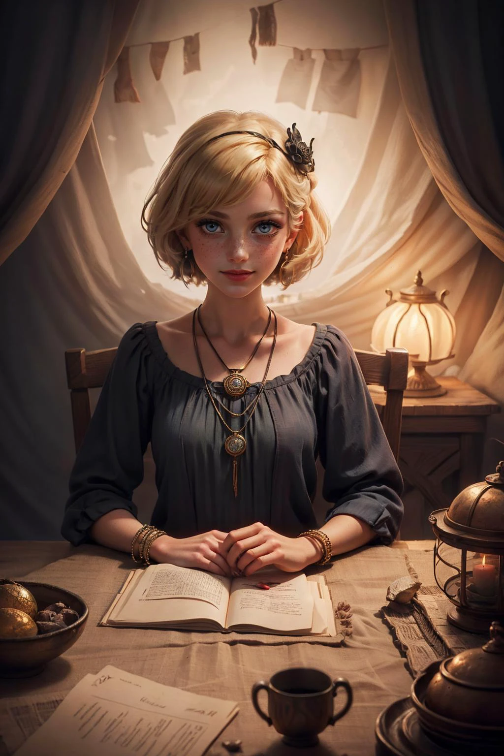 (masterpiece, best quality), photorealistic rendering, game cg cinematic, abstract and colorful paint style, <lora:add_detail_v5:1>, <lora:anime3d:0.75>, <lora:3DMM_V12:0.25>, 3DMM,
1 girl, adult swedish woman, freckles, aquamarine eyes, light blonde updo hairstyle,
portrait, looking at viewer, solo, half shot, detailed background, close up, glowing eyes, (<lora:ArtDecoAI:0.3>, ArtDecoAI, 1920s art deco theme:1.1), fortune teller, sinister smile, foreboding, sitting at table, colorful shoulderless baggy fortune teller clothes, striped clothes, large earrings, large bracelet, amulet, chalice, horoscope, (melted candles on table:0.8), medieval (tent interior:1.1) background, tent curtains in background, dark mysterious lighting, shadows, magical atmosphere, night,
<lora:duobackground:0.6>,