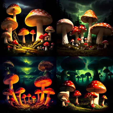fantasy, mushroom forest, night, cloudy sky