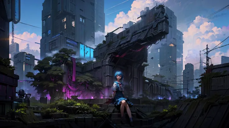 (masterpiece, best quality, detailed, photorealistic, 8K), story, best composition, unreal engine 5, ray tracing, intricate details, 1girl,  ayanamirei, blue hair, tokyo-3_middle_school_uniform, red ribbon, school_uniform, black socks, science fiction, cloudy sky, cyberpunk city background, architecture, ruins, railway, train, ((((plant)))) ,<lora:duobackground:0.9>,   <lora:AyanamiReiV6:0.8>,  <lora:add_detail:1>