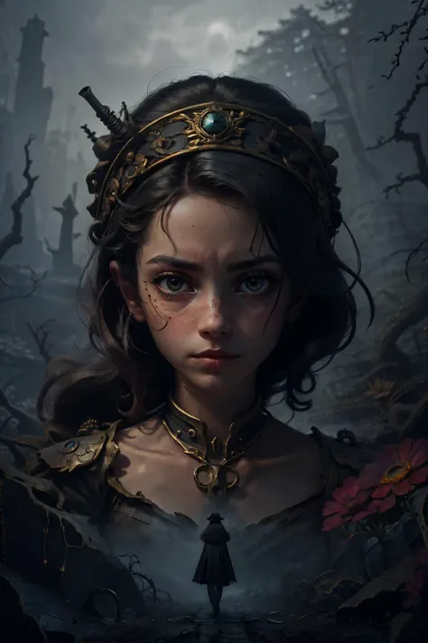 (masterpiece, best quality), stylized digital art, <lora:add_detail_v5:1>, <lora:anime3d:0.75>, <lora:3DMM_V12:0.25>, 3DMM,
1 girl, adult hungarian woman, freckles, black eyes, black twin drills hair,
portrait, solo, half shot, looking at viewer, detailed background, detailed face, (<lyco:DecorationBundlev2:0.6> EbonyGoldAI theme:1.1) sad, ethereal emissary of death, white decay, floating particles, dark shadows, cold, dead forest in background, rats in background, mist, low light, eerie dark atmosphere,
<lora:duobackground:0.6>,