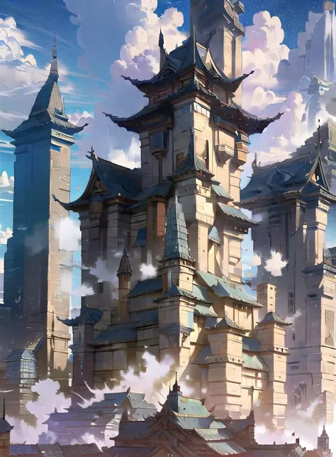 best quality, 4K wallpaper, masterpiece, extremely detailed CG unity 8k wallpaper, extremely detailed eyes, ultra-detailed, intricate details, fantasy background, potrait, beautifull wallpaper, sky city, cloudy sky, <lora:duobackground:1>
