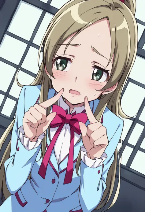 score_9, score_8_up, score_7_up, source_anime BREAK
minamino kanade, aria gakuen school uniform, 1girl, solo, blush, green eyes, blue shirt, index fingers together, open mouth, sweat, brown hair, fidgeting, upper body, bowtie, pink bow, ponytail, looking at viewer, long sleeves, blazer, eyelashes, half updo, blue jacket, sweatdrop, white shirt, blonde hair, red neckwear, red bow, :o, indoors, pink neckwear, shiny hair, ribbon, parted lips, light brown hair, eyebrows visible through hair, half-closed eyes, embarrassed, parted bangs, frilled sleeves, looking away, collared shirt, close-up, leaning forward, very long hair, blue vest, window, raised eyebrows, hands up, nervous, dutch angle
<lora:cure_rhythm_minamino_kanade_sdxl_locon_pony_v1:0.7>
