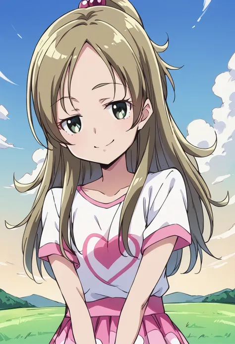 score_9, score_8_up, score_7_up, source_anime BREAK
minamino kanade, :3, 1girl, brown hair, solo, smile, day, blonde hair, grass, cloud, smug, looking at viewer, jitome, white shirt, chibi, outdoors, smirk, upper body, t-shirt, very long hair, blue sky, tree, v arms, short sleeves, half updo, eyelashes, print shirt, heart print, pink skirt, miniskirt, layered skirt, frilled skirt, green eyes, 
<lora:cure_rhythm_minamino_kanade_sdxl_locon_pony_v1:0.7> <lora:jitome_pony_v01Ca:2>