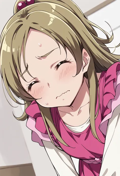 score_9, score_8_up, score_7_up, source_anime BREAK
minamino kanade, 1girl, solo, closed eyes, long hair, blush, brown hair, wavy mouth, half updo, hair ornament, hair bobbles, sweat, ponytail, facing viewer, sweatdrop, upper body, closed mouth, collarbone, embarrassed, eyelashes, flipped hair, ^ ^, frills, indoors, 3:, face, blonde hair, shiny hair, frown, shiny, dutch angle, depth of field, leaning forward, furrowed brow, forehead, close-up, short hair, portrait, pink dress, white shirt, long sleeves
<lora:cure_rhythm_minamino_kanade_sdxl_locon_pony_v1:0.7>