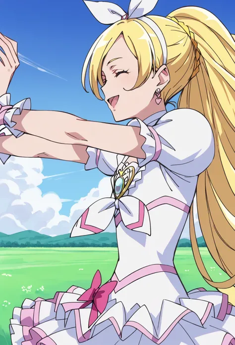score_9, score_8_up, score_7_up, source_anime BREAK
cure rhythm, blonde hair, closed eyes, earrings, white choker, open mouth, ponytail, smile, grass, hair ribbon, wrist cuffs, 1girl, cloud, eyelashes, happy, from side, day, braid, pink bow, white dress, solo, out of frame, :d, very long hair, arms up, hair bow, ^ ^, outdoors, own hands together, white hairband, white bow, blue sky, brooch, outstretched arms, white skirt, detached sleeves, white ribbon, hair ornament, field, upper body, standing, anime coloring, frilled sleeves, ^o^, puffy short sleeves
<lora:cure_rhythm_minamino_kanade_sdxl_locon_pony_v1:0.7>