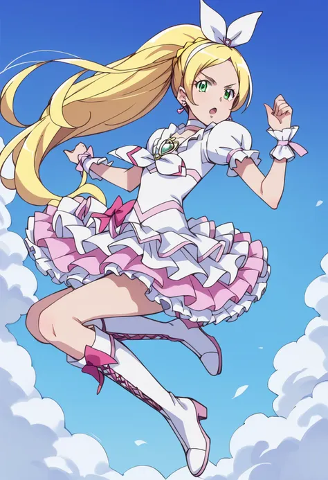 score_9, score_8_up, score_7_up, source_anime BREAK
cure rhythm, 1girl, solo, blonde hair, green eyes, white choker, knee boots, brooch, white skirt, frilled skirt, layered skirt, petticoat, wrist cuffs, eyelashes, cloud, hair ribbon, hairband, pink bow, flying, day, jumping, ponytail, open mouth, knee boots, white footwear, cross-laced footwear, earrings, very long hair, serious, white dress, puffy sleeves, :o, looking at viewer, falling, blue sky, hair bow, single braid, anime coloring
<lora:cure_rhythm_minamino_kanade_sdxl_locon_pony_v1:0.7>