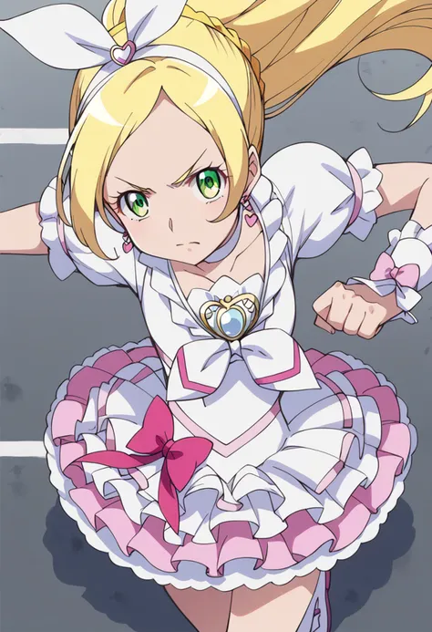 score_9, score_8_up, score_7_up, source_anime BREAK
cure rhythm, 1girl, blonde hair, solo, green eyes, long hair, earrings, white choker, brooch, serious, looking at viewer, hair ribbon, eyelashes, heart earrings, frown, wrist cuffs, floating hair, white dress, closed mouth, ponytail, braid, frilled skirt, white hairband, v-shaped eyebrows, parted bangs, pink skirt, fighting stance, running, hair bow, puffy short sleeves, white bow, hair ornament, frilled sleeves, pose, angry, white ribbon, shiny, cowboy shot, frilled dress, layered skirt, white skirt, shiny hair, from above, anime coloring, pink bow, thighs
<lora:cure_rhythm_minamino_kanade_sdxl_locon_pony_v1:0.7>