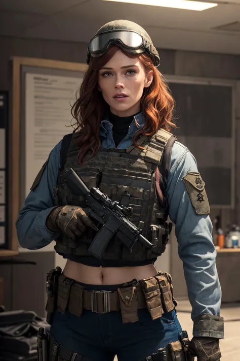 (realistic:1.2), (best quality, masterpiece:1.4), (8k:1.2), (AudreyFleurotV1:1), freckles, ((pistol)), holster, ((military uniform, bulletproof vest)), ((action)), (goggles on headwear, helmet), standing, ((looking at viewer)), (from waist up), 1girl, indoors