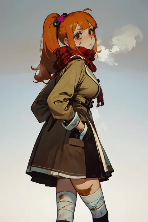 (best quality, masterpiece:1.1), 
<lyco:Mossa:0.85>, 
 , 
<lyco:Better light:0.7>, 
(skirt:1.2), gloves, long sleeves, jacket, shoes, socks, scarf, black footwear, (sweater), coat, open coat, kneehighs, black socks, red scarf, brown skirt, snowing, winter clothes, mittens,  snowy field, 
 standing, looking up, from side and below, hands in pocket, 
close up,  looking back,   
1girl, 
lovely giant breasts,  lonely face,     steaming, 
red eye, 
[brown hair|orange hair], very long hair, blunt bangs,   side ponytail,  hair ornaments, 
    (bruise, bandages:1.2),