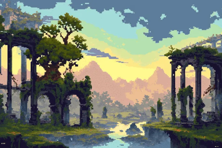 (ruins, broken, summer, dappled sunlight:1.2), sun, tree, forest, scenery, rock, reflection, water, ancient, overgrown, mountains, sunset, clouds, mountainous horizon, fantasy, medieval, 1other, looking away, cloak, (pixel art, pixelated:1.2) <lora:camilleunknown-000007:0.7> <lora:outline:-1>, (masterpiece, exceptional, best aesthetic, best quality, masterpiece, extremely detailed:1.2)