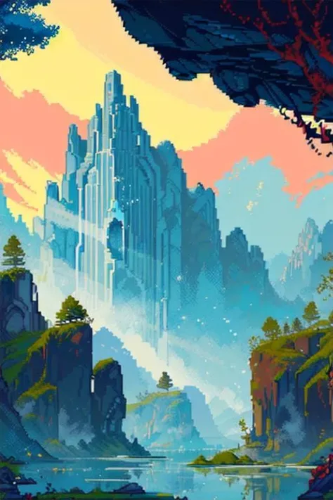 <lora:camilleunknown:0.7>
(blue theme, summer, dappled sunlight, 1other, looking away, cloak:1.2), sun, tree, forest, scenery, rock, reflection, water, lake, island, ancient, overgrown, mountains, sunset, clouds, mountainous horizon, fantasy, medieval, (pixel art, pixelated:1.2) (masterpiece, exceptional, best aesthetic, best quality, masterpiece, extremely detailed:1.2)