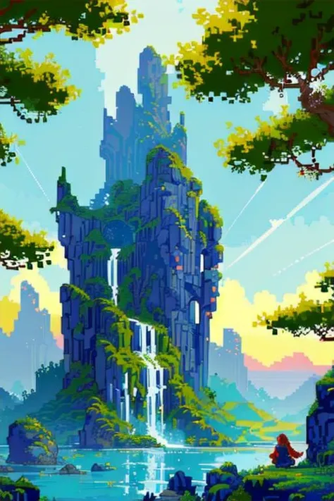 <lora:camilleunknown:0.7>
(blue theme, summer, dappled sunlight, 1other, looking away, cloak:1.2), sun, tree, forest, scenery, rock, reflection, water, lake, island, ancient, overgrown, mountains, sunset, clouds, mountainous horizon, fantasy, medieval, (pixel art, pixelated:1.2) (masterpiece, exceptional, best aesthetic, best quality, masterpiece, extremely detailed:1.2)