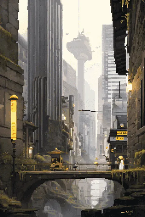 1girl, aircraft, architecture, arms at sides, back cutout, bag, black eyes, black hair, bodysuit, buckle, building, cable, city, clothing cutout, cloud, cropped jacket, dated, day, fantasy, floating island, flying car, from behind, glowing, grey footwear, hair bun, holding, holding bag, jacket, ladder, lamppost, long sleeves, looking away, outdoors, red jacket, road, rooftop, scenery, science fiction, screen, short hair, sign, single hair bun, sky, solo, white legwear, wide shot, (masterpiece, exceptional, best aesthetic, best quality, masterpiece, extremely detailed:1.2), <lora:GoodHands-beta2:1>, nice hands, perfect hands, <lora:darkness (konosuba)_v1:0.6>, <lora:PixelScenery:0.7>, <lora:outline:-1>, (pixel art, pixelated:1.2)