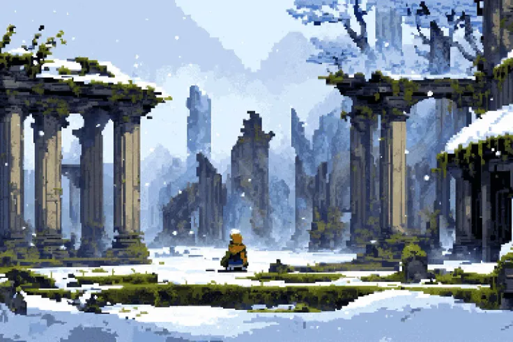 (ruins, broken, snow, dappled sunlight:1.2), sun, tree, forest, scenery, rock, reflection, ancient, overgrown, mountains, sunset, clouds, mountainous horizon, fantasy, medieval, 1other, looking away, (pixel art, pixelated:1.2) <lora:camilleunknown-000007:0.7> <lora:outline:-1>, (masterpiece, exceptional, best aesthetic, best quality, masterpiece, extremely detailed:1.2)