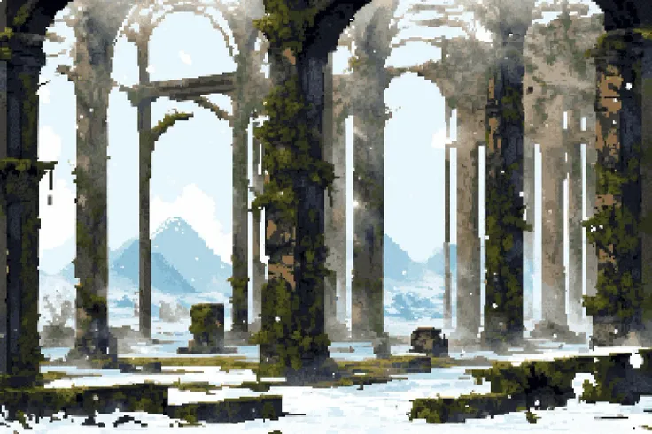 (ruins, broken, snow, dappled sunlight:1.2), sun, tree, forest, scenery, rock, reflection, ancient, overgrown, mountains, sunset, clouds, mountainous horizon, fantasy, medieval, 1other, looking away, cloak, (pixel art, pixelated:1.2) <lora:camilleunknown-000007:0.7> <lora:outline:-1>, (masterpiece, exceptional, best aesthetic, best quality, masterpiece, extremely detailed:1.2)