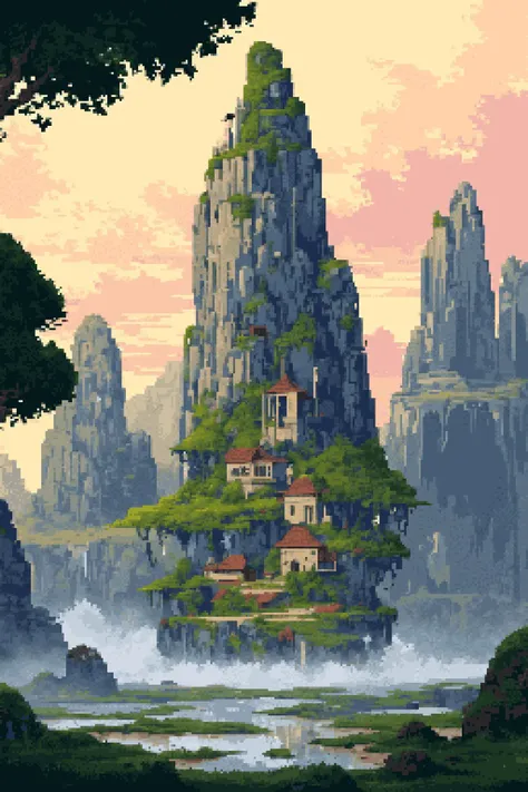 (floating island, summer, dappled sunlight, 1other, looking away, cloak:1.2), sun, tree, forest, scenery, rock, reflection, water, lake, island, ancient, overgrown, mountains, sunset, clouds, mountainous horizon, fantasy, medieval, (masterpiece, exceptional, best aesthetic, best quality, masterpiece, extremely detailed:1.2), <lora:PixelScenery:0.7>, <lora:outline:-1>, (pixel art, pixelated:1.2)