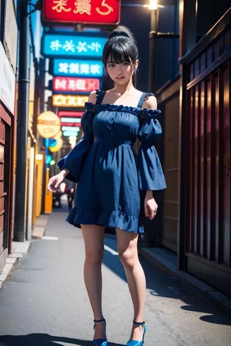 masterpiece、Highest quality、8K、((standing split:1.3)), standing, one leg up, Japanese girl、beautiful girl、Well-formed face、Beautiful Skin、Brown hair half-up、Beautiful eyes、Blue Chinese Dress、Black sneakers、In town、、Slim figure、Big Breasts、Natural Makeup