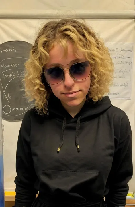 Psycheswings, (portrait shot), masterpiece, best quality, 1girl, skinny, (smile), closed mouth, waist up, sunglasses, blonde hair, closed mouth, looking at viewer, black hoddie, background: indoors, science lab , <lora:Psycheswings-000003:1>