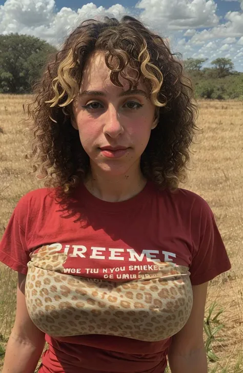 Psycheswings, masterpiece, best quality, 1girl, skinny, (smile), closed mouth, waist up, huge breasts, black eyes, blonde hair, red lipstick, closed mouth, looking at viewer, full length tshirt, wet shirt, background: Exotic savannah grassland<lora:Psycheswings-000003:1>