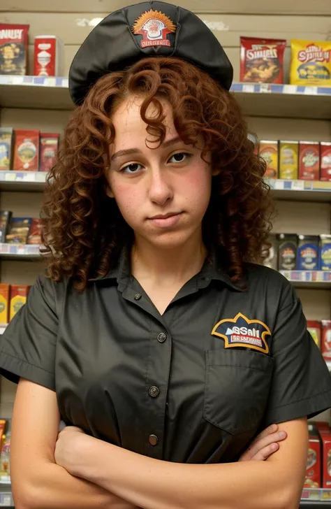 Psycheswings, (portrait shot), masterpiece, best quality, 1girl, skinny, (smile), closed mouth, waist up, black eyes, curly red hair, closed mouth, looking at viewer, (gas station worker uniform), background: shelves stocked with cigarettes, <lora:Psycheswings-000003:1>
