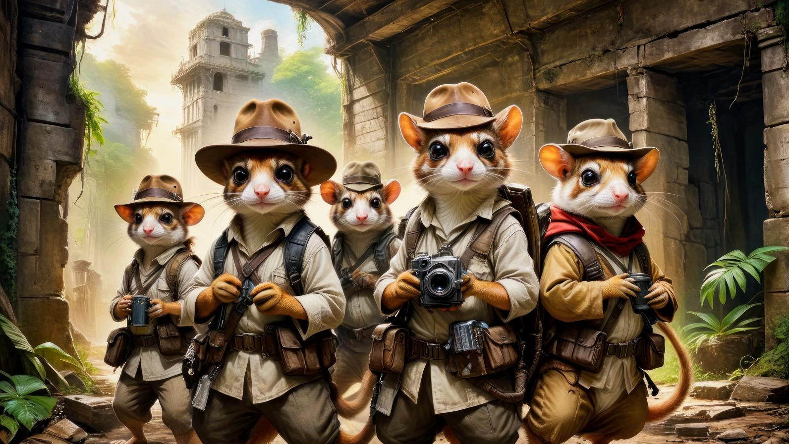 A group photograph of a lizard, a lemur, and a hamster, dressed in indiana jones clothing, wearing backpacks and stetson hats, taken outdoors in abandoned ruins reclaimed by nature,.(poster art, concept art, bold lines, expressive:1.4),.(aerial, fantastic, imaginative, beautiful, intricate details, masterpiece, best quality:1.4),.dynamic pose, wide angle view, full frame body shot,.dramatic and dynamic lighting,.<lora:add-detail-xl:1> <lora:xl_more_art-full_v1:0.7> <lora:Scaleborn_SDXL:0.8> <lora:Jean-Baptiste Monge Style:1.0><lora:NicolaSamori:1.0>.