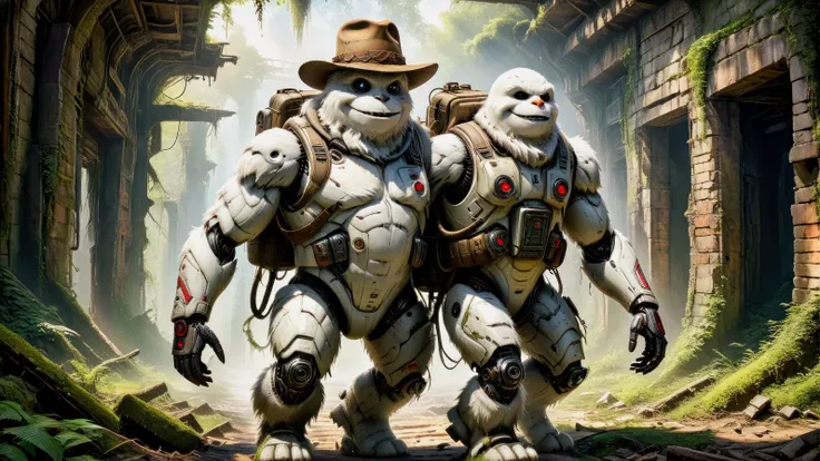 A (abominable snowman-robot hybrid:1.8) walking outdoors through abandoned ruins reclaimed by nature, wearing a backpack and stetson hat, dressed like Indiana Jones, .(poster art, concept art, bold lines, expressive:1.4),.(aerial, fantastic, imaginative, beautiful, intricate details, masterpiece, best quality:1.4),.dynamic pose, wide angle view, full frame body shot,.dramatic and dynamic lighting,.<lora:add-detail-xl:1> <lora:xl_more_art-full_v1:0.7> <lora:Scaleborn_SDXL:0.8> <lora:Jean-Baptiste Monge Style:1.0><lora:JuggerCineXL2:1.0>.