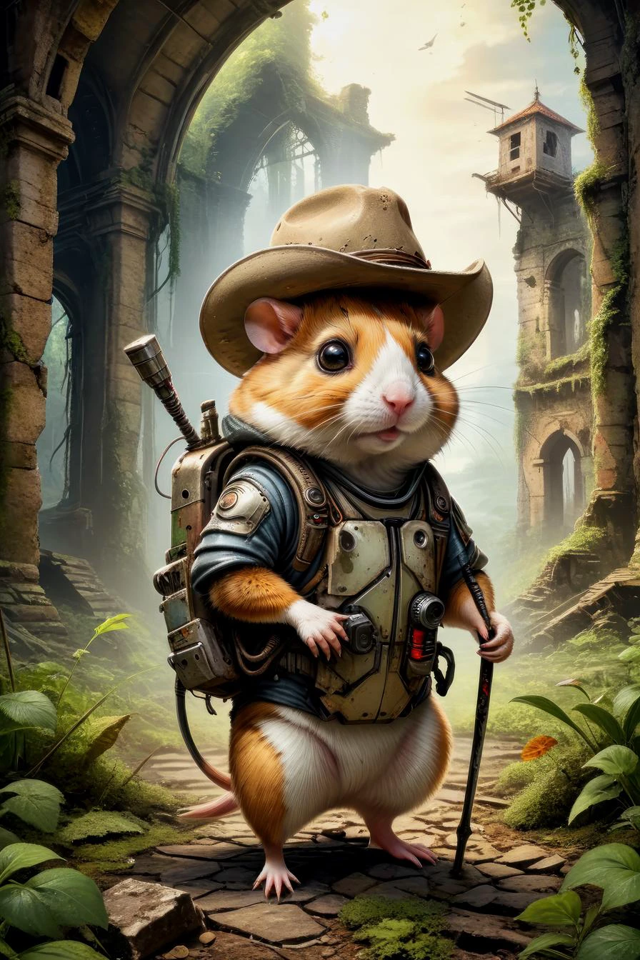 cute (hampster-robot hybrid:1.8) walking through abandoned ruins reclaimed by nature, wearing a backpack and stetson hat, using a walking staff.(poster art, concept art, bold lines, expressive:1.4),.(aerial, fantastic, imaginative, beautiful, intricate details, masterpiece, best quality:1.4),.dynamic pose, wide angle view, full frame body shot,.dramatic and dynamic lighting,.<lora:add-detail-xl:1> <lora:xl_more_art-full_v1:0.7> <lora:Scaleborn_SDXL:0.6><lora:Jean-Baptiste Monge Style:1.0>.