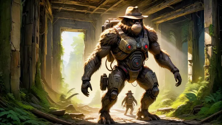 A (sasquatch-robot hybrid:1.8) walking through abandoned ruins reclaimed by nature, wearing a backpack and stetson hat, dressed like Indiana Jones, .(poster art, concept art, bold lines, expressive:1.4),.(aerial, fantastic, imaginative, beautiful, intricate details, masterpiece, best quality:1.4),.dynamic pose, wide angle view, full frame body shot,.dramatic and dynamic lighting,.<lora:add-detail-xl:1> <lora:xl_more_art-full_v1:0.7> <lora:Scaleborn_SDXL:0.8> <lora:Jean-Baptiste Monge Style:1.0><lora:linquivera:1.0>.