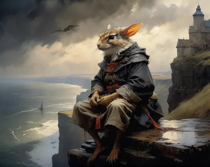 Professional (cinematic shot:1.6) dark Chiaroscuro effect three-quarter view [Intaglio :photograph:0.50] surreal fantasy art by ([Artgerm : Ingrid Baars: 0.75]:1.4) and (Alex Toth :0.6) and (Anders Zorn:0.35) , detailed [eyes | pupils | face | teeth ] Split Lighting RAW DSLR Jib Shot photo shot on Hasselblad H6D-400c Multi-Shot Camera film grain, natural skin, [hyper realistic | detailed | intricate | best quality | hyper detailed | ultra realistic | HQ |8K | UHD | 16K | ornate | masterpiece art], sharp focus, bokeh, depth of field, rule of thirds, at expansive Perched on a cliff's edge Stormy skies sunrise  <lora:Jean-Baptiste Monge Style:1> Jean-Baptiste Monge Style page