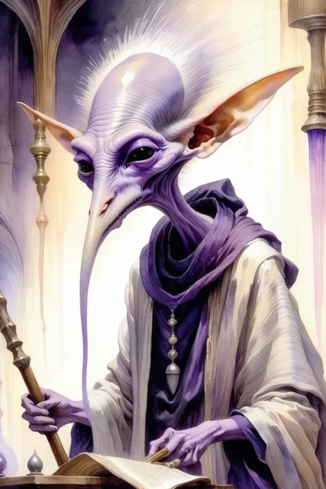 (Dramatic Painting:2) of (Detailed illustration:2),masterpiece, best quality, (Psychic being with elongated heads and piercing mental screams. Their color palette features unnatural purples, indigos, and glowing psychic auras, creating a disconcerting and unsettling atmosphere), absurdres, intricate detailed, sharp focus, smooth, science fiction, <lora:Jean-Baptiste Monge Style:2> jean-baptiste, monge, style, watercolor, painting