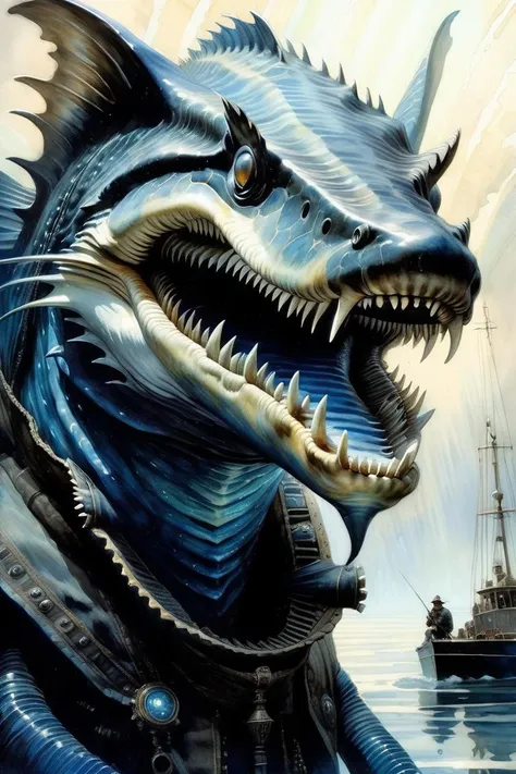 (Dramatic Drawing:2) of (Realistic:2),masterpiece, best quality, (Gigantic underwater predators with bioluminescent patterns and serrated teeth. Color palette: Deep blues, blacks, and eerie glows. Mood: Menacing and mysterious), absurdres, intricate detailed, sharp focus, smooth, science fiction, <lora:Jean-Baptiste Monge Style:2> jean-baptiste, monge, style, watercolor, painting