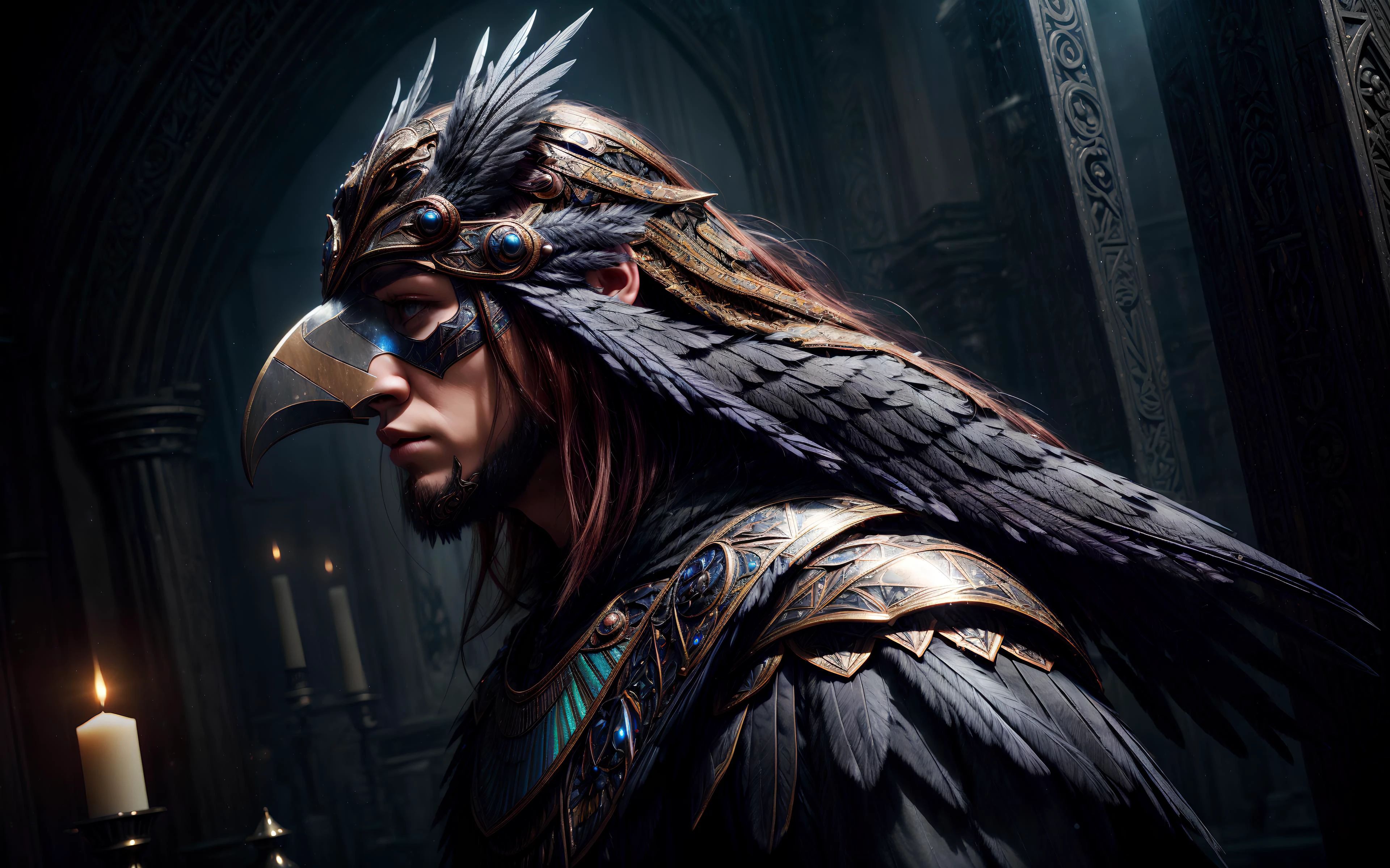 masterpiece, epic, majestic, best quality, very high resolution, 8k, hdr, digital photography, dynamic pose, beauteous 65 years old (male Pangasinese:1.2) baker, hazel eyes, (auburn hair, long hair:1.1), showing bloodthirsty expression, solo, half shot, looking at viewer, detailed background, detailed face, (<lora:CulturePunkBundle-000007:0.5>, OldEgyptAI, ancient egyptian theme:1.1), glowing eyes, raven-knight, dark feathers, wearing feathered armor, mournful, dynamic pose, raven-themed runes, raven perched on shoulder, echoes of the past, glimmering magical aura, flocks of ravens flying in background, candlelit room in background, dusk, backlighting, Maximum yellow shadowy smoke, stormclouds gathering, foreboding atmosphere,, (iridescent:0.7), (transparent:0.8), (translucid:0.8), (reflection:0.6), (refraction:0.3), (diffraction:0.3), (caustics:0.3), volumetric lights, volumetric shadows, (subsurface scatering:0.4), physically based rendering, (intricate details:1.3), hyperdetailed, ultrarealistic, (sharp focus:1.2) <lora:hyperdenoiser_v090:1.5> <lora:add_detail:1.5>
