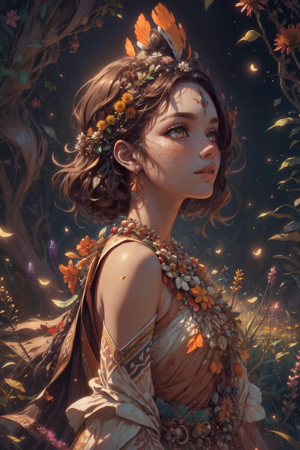 beautiful and detailed illustration, pop art, masterpiece, best quality, ultra-detailed, soft lighting, cinematic shot, vibrant colors, gorgeous colors, <lora:add_detail:0.3>, <lora:stylesqueeze_v2:0.5>,
1 girl, adult woman, freckles, amber eyes, light brown wedge cut hair, ombre,
<lora:GoodHands-beta2:0.8>,
(Style-SwampMagic:0.8), solo, from side, side view, (full body:0.6), looking away, detailed background, detailed face, (<lora:CulturePunkBundle-000007:0.5>, zulupunkai, zulu theme:1.1), biomancer, orange mage clothes, magical floral necklace, radiating plant aura, botanical glyphs, dynamic pose, pollen-based arcana, , elemental flowercaster, , springtime revival, , overgrowth, mushrooms, , dandelions, , lavenders, gentle breeze, bright illumination, ethereal magical atmosphere,
