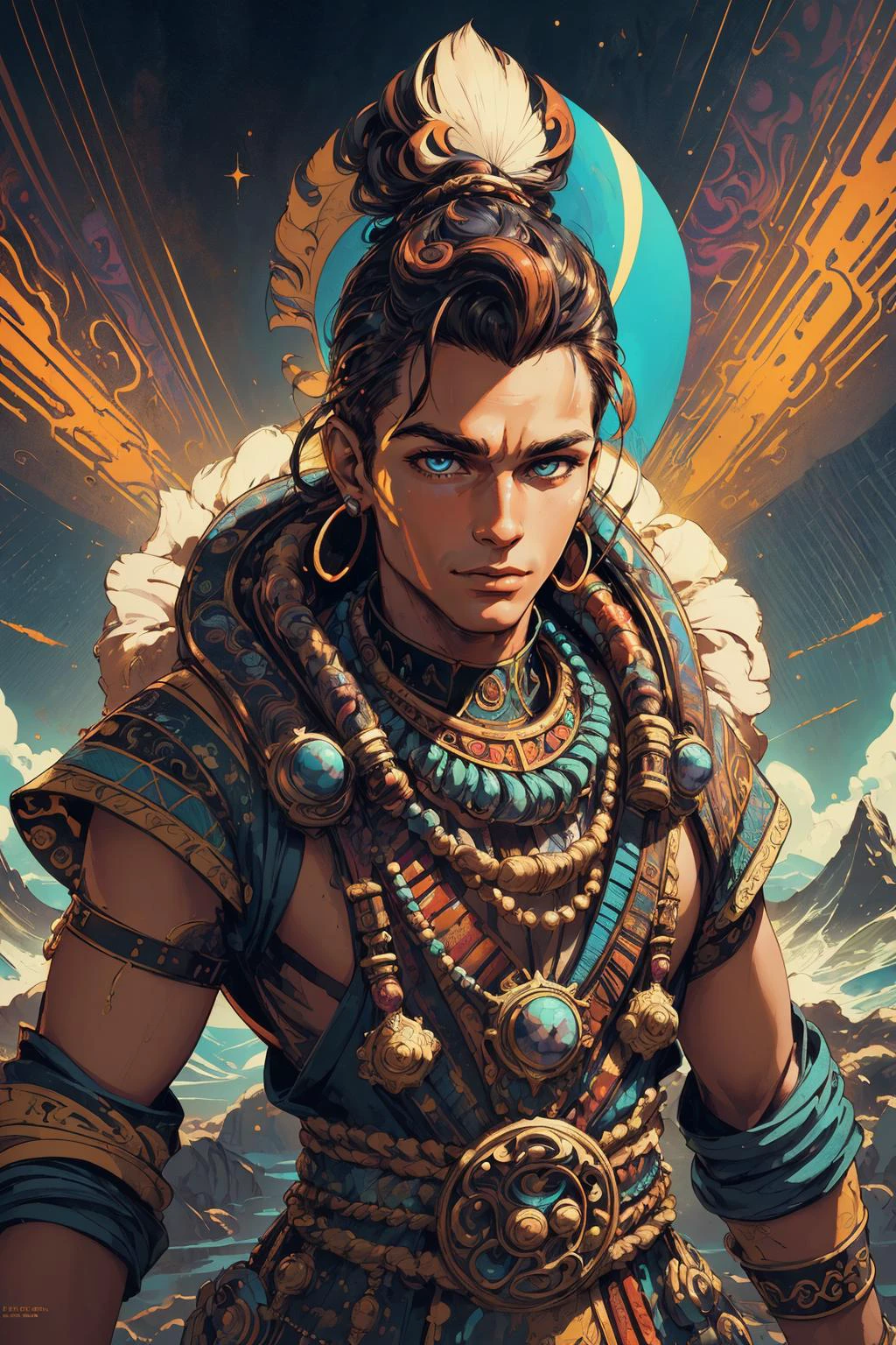 (Retro-futuristism, vintage sci-fi, 50s and 60s style, atomic age, vibrant, highly detailed, retro futurism,:1.1), beautiful and detailed illustration, pop art, masterpiece, best quality, ultra-detailed, soft lighting, cinematic shot, vibrant colors, gorgeous colors, <lora:add_detail:0.3>, <lora:stylesqueeze_v2:0.5>,
(1man, masculine adult male:1.2), ruby eyes, medium brown hair, undercut,
portrait, solo, upper body, looking at viewer, detailed background, detailed face, (<lora:CulturePunkBundle-000007:0.5>, zulupunkai, zulu theme:1.1), sonic-mage, wearing clothes, ecstatic expression, unleashing colorful flowing sound waves, concetric soundwave circles, humming with energy, dynamic movement, frequency magic, resonance clouds audio technology, booming bass, impacting soundwaves in background, epic atmosphere,