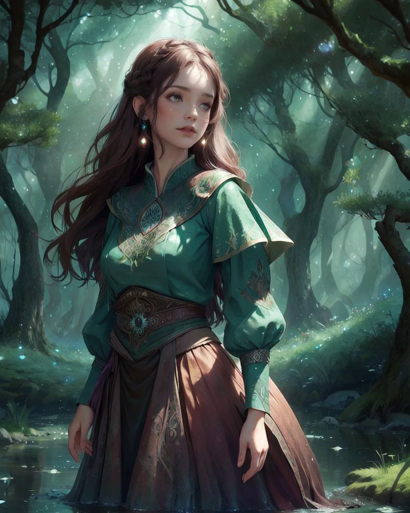 woman, solo,portrait,upper body,walking on liquid, detailed background, detailed face,adult irish woman,brown eyes, dark red prom hairstyle,
(Style-SwampMagic:0.4),(<lora:CulturePunkBundle-000007:0.5>, fairytaleai, fairytale theme:1.1), serene, dark green clothing, swirling magical energy in the air, folkloric,forest in background, peaceful dark night, faint bioluminescence, ethereal atmosphere