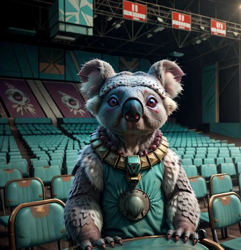 pixar, animation, realism, (epic:1.2), realistic, trending on artstation, 3d, (high quality:1.2), (masterpiece:1.2), high details, incredibly absurdres, colorful), cinematic photo, photograph, film, best quality, highres, (no humans:1.2), (1animal: (Koala:1.2)), (backround: art deco ,derelict stadium, cracked seats, faded team logos, echoes of cheers), (color scheme: ruby,medium turquoise,turquoise,medium violet red)