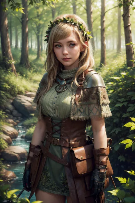 (masterpiece), (best quality:1.4), absurdres, [:intricate details:0.2], hyperrealistic,  kkw-ph1,
1 girl, adult (elven:0.7) woman,  dark brown eyes, blonde shaggy hair,
portrait, looking down, solo, half shot, detailed background, detailed face, (<lora:CulturePunkBundle:0.5>, fairytaleai, fairytale theme:1.1) forest ranger, light smile,  medieval fantasy setting, high fantasy, gray  leather clothes, capelet, gloves,  pouch, straps,  fairytale forest, bushes,  ivy, rocks, river,  evergreen trees, roots,  falling leaves, ferns,   feathers,   crossbow, sunshine, mist,
<lora:add_detail:0.5>