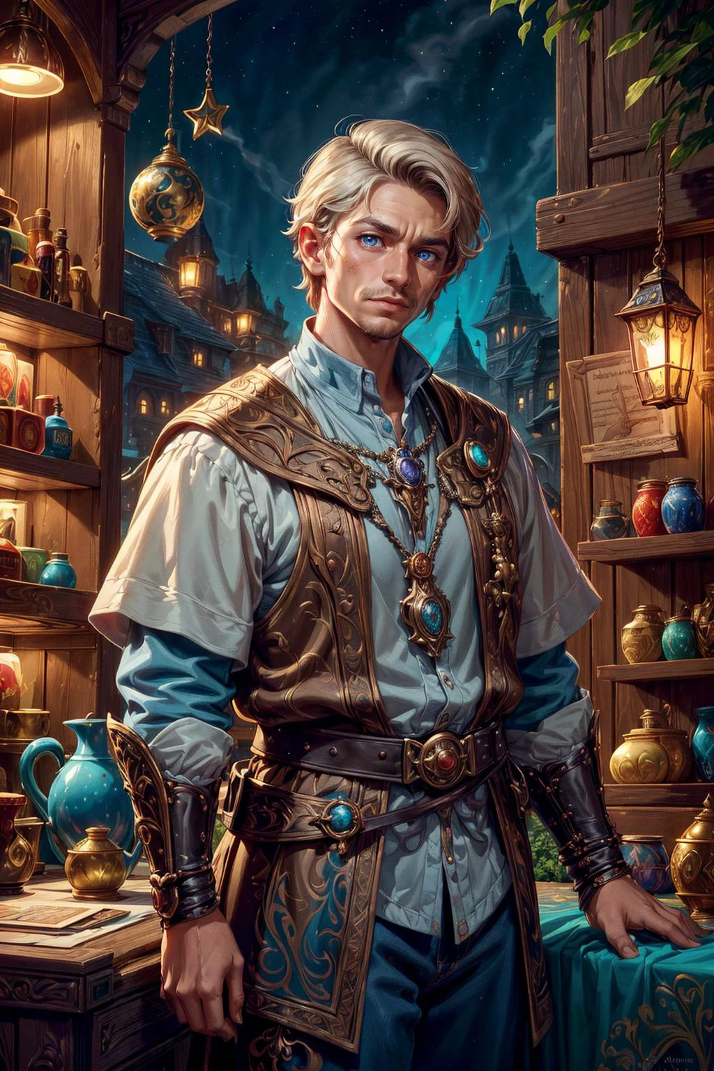 (Pop Art style, art, Bright colors, bold outlines, popular culture themes, ironic or kitsch,:1.1), soft lighting, (dramatic angle:1.25), fantastic colorful, (masterpiece:1.2), ultra-detailed, (best quality), illustration, (Depth of field), <lora:tangbohu-detailer_1.0:1>, <lora:sharpen-soften:-0.5>, <lora:realistic:0.1>, <lora:kittew_v0.1:0.4>,
(1man, masculine adult hungarian male:1.2), dark brown eyes, light blonde hair, high-fade,
looking up, solo, upper body, detailed background, detailed face, (<lora:CulturePunkBundle-000007:0.5>, fairytaleai, fairytale theme:1.1), light smile, presenting wares, merchant, (brown:0.8) leather merchant clothes, pouches, belts, busy (medieval market stall:1.1), (sacks:0.8), (crates:0.8), (boxes:0.8), (storage baskets:0.8), (shelves:0.8), selling wide variety of colorful pottery, earthenware, stoneware, porcelain, ceramics, clay, pots, glittering coins,