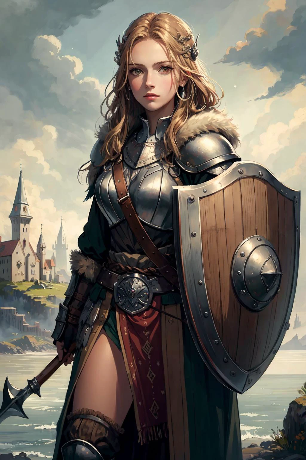 (masterpiece, best quality), photorealistic rendering, colorful paint style,
1 girl, adult (elven:0.7) woman, brown eyes, chestnut textured hair,
solo, (full body:0.6), looking at viewer, detailed background, detailed face, (<lora:CulturePunkBundle:0.5>, vikingpunkai, norse viking theme:1.1), protector, guarding, watchful, shield, iron armor, coat of arms, turrets in background, fortified, medieval atmosphere,