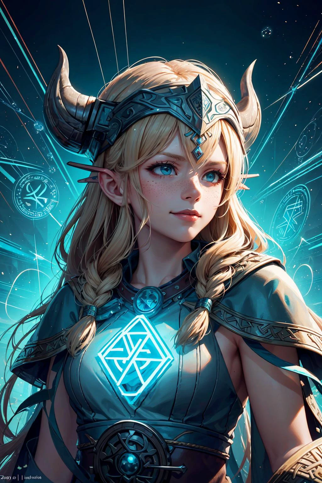 (masterpiece, top quality, best quality, official art, beautiful and aesthetic:1.2), extreme detailed, (abstract:1.2), (zentangle:1.2), vibrant colors, highest detailed,
1 girl, adult (elven:0.7) woman, freckles, teal eyes, medium blonde twin drills hair,
portrait, solo, upper body, looking up, detailed background, detailed face, (<lora:CulturePunkBundle:0.5>, vikingpunkai, norse viking theme:1.1), rune-mage, magic runes, runic pattern, flowing robes, casting spell, smirk, floating particles, tribal runes, geometric patterns, rune covered architecture in background, backlighting, magic lighting, intense atmosphere,
<lora:hipoly3DModelLora_v10:0.1> <hypernet:sxzBloom_sxzBloom:0.1>,