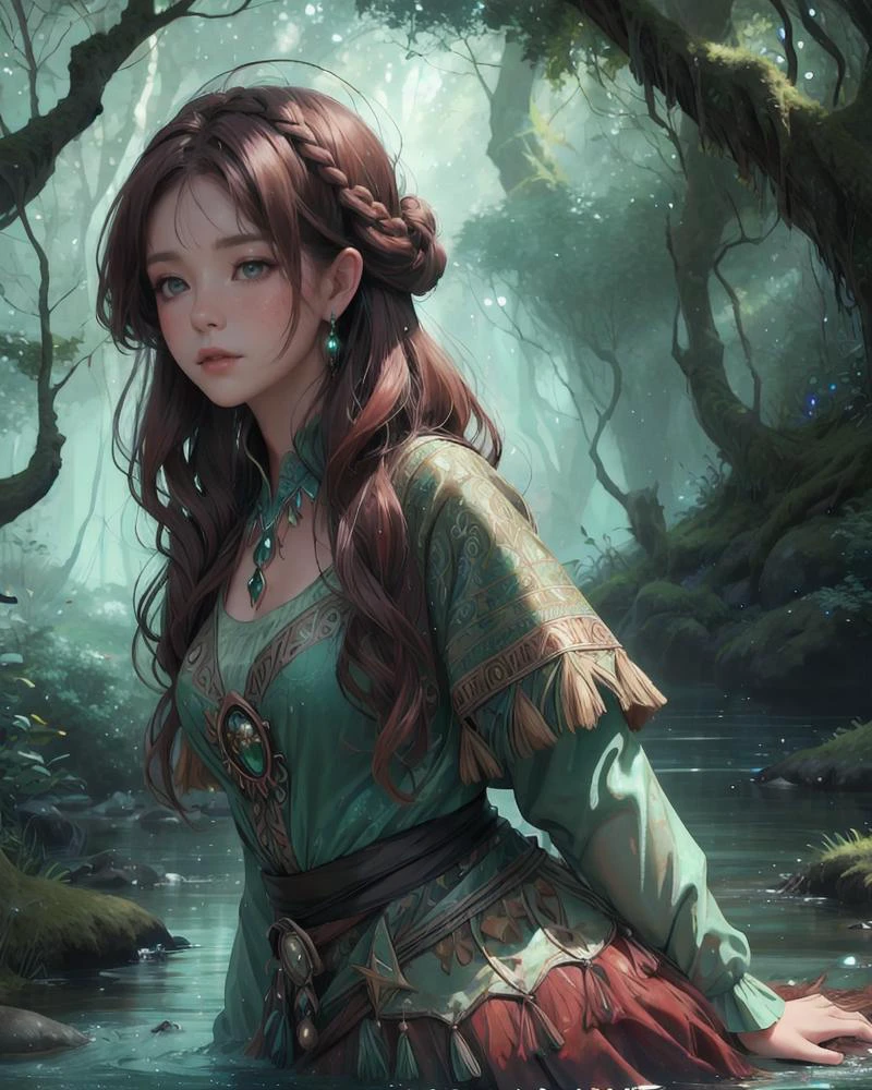 woman, solo,portrait,upper body,Walking through a river, detailed background, detailed face,adult irish woman,brown eyes, dark red prom hairstyle,
(Style-SwampMagic:0.4),(<lora:CulturePunkBundle-000007:0.5>, fairytaleai, fairytale theme:1.1), serene, dark green clothing, swirling magical energy in the air, folkloric,forest in background, peaceful dark night, faint bioluminescence, ethereal atmosphere