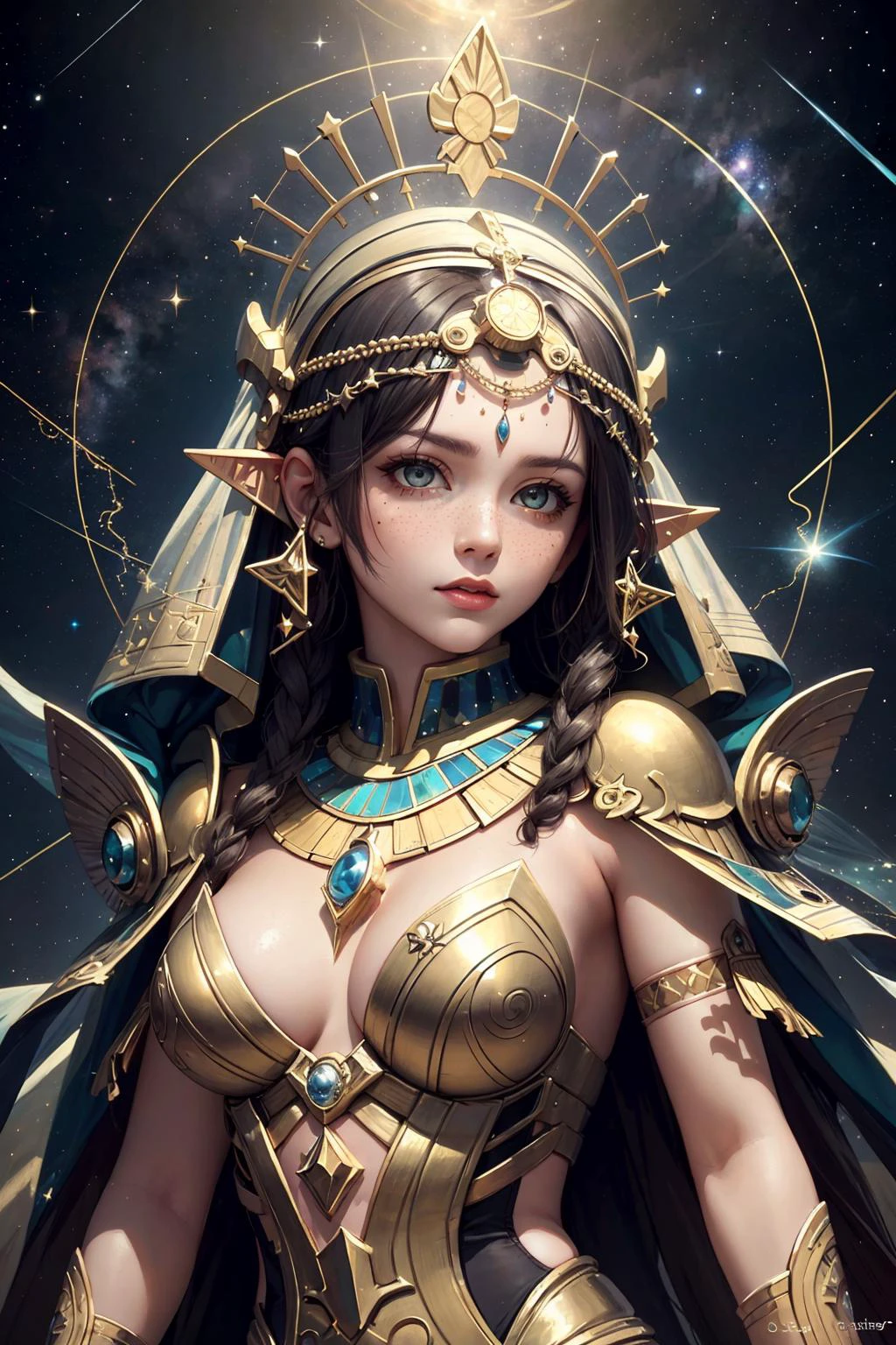 (masterpiece, top quality, best quality, official art, beautiful and aesthetic:1.2), extreme detailed, (geometric:1.2), dynamic streaks, captivating patterns, highest detailed, <hypernet:sxzBloom_sxzBloom:0.1>
1 girl, adult (elven:0.7) woman, freckles, amber eyes, dark brown medium hair,
solo, upper body, looking at viewer, detailed background, detailed face, (<lora:CulturePunkBundle:0.5>, OldEgyptAI, ancient egyptian theme:1.1) (glowing eyes:1.05), living star constellation, zodiac, dynamic pose, serene, aquarius, symbolism, celestial power, galaxies, aura, shine, consciousness, stardust, cosmic space background, surreal esoteric atmosphere,
<lora:hipoly3DModelLora_v10:0.1> <hypernet:sxzBloom_sxzBloom:0.1>,