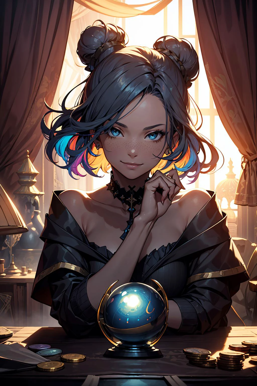 (realistic, cinematic digital artwork, masterpiece, colorful:1.3),
1 girl, adult french woman, freckles, brown eyes, white bun hair,
portrait, looking at viewer, solo, upper body, detailed background, close up, (<lora:CulturePunkBundle:0.3>, piratepunkai, tropical caribbean pirate, piracy theme:1.1), fortune teller, sinister smile, mysterious, sitting at table, colorful shoulderless ruffled fortune teller clothes, striped clothes, coins, chalice, horoscope, crystal ball, medieval (tent interior:1.1) background, tent curtains in background, dark mysterious lighting, shadows, magical atmosphere,