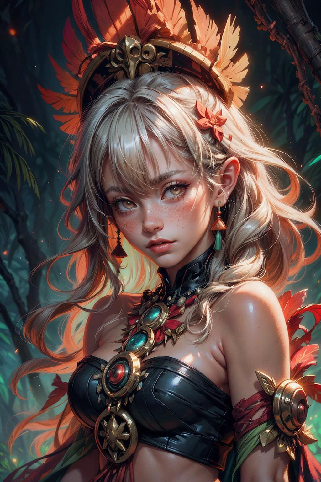 (Masterpiece:1.2), best quality, (illustration:1.2), (ultra-detailed), hyper details, (delicate detailed), (intricate details), clear line, high contrast, colorful, (Photoshop Pastel Painting), (Cinematic masterpiece), <lora:add_detail:1>, <lora:sharpen-soften:-0.25>, <lora:kittew_v0.1:0.3>,
1 girl, adult (elven:0.7) woman, freckles, silver eyes, medium blonde beach waves hair,
Style-GravityMagic, portrait, solo, (full body:0.6), detailed background, detailed face, (<lora:CulturePunkBundle-000007:0.6>, tikiai, tiki theme:1.1), stoic expression, harmonious, red tribal symbols, tribal witchdoctor shaman, mystical, yellow feathered garb, obsidian, , totem, surrounded by red magic swirls, lush forest in background, storm, ethereal atmosphere,