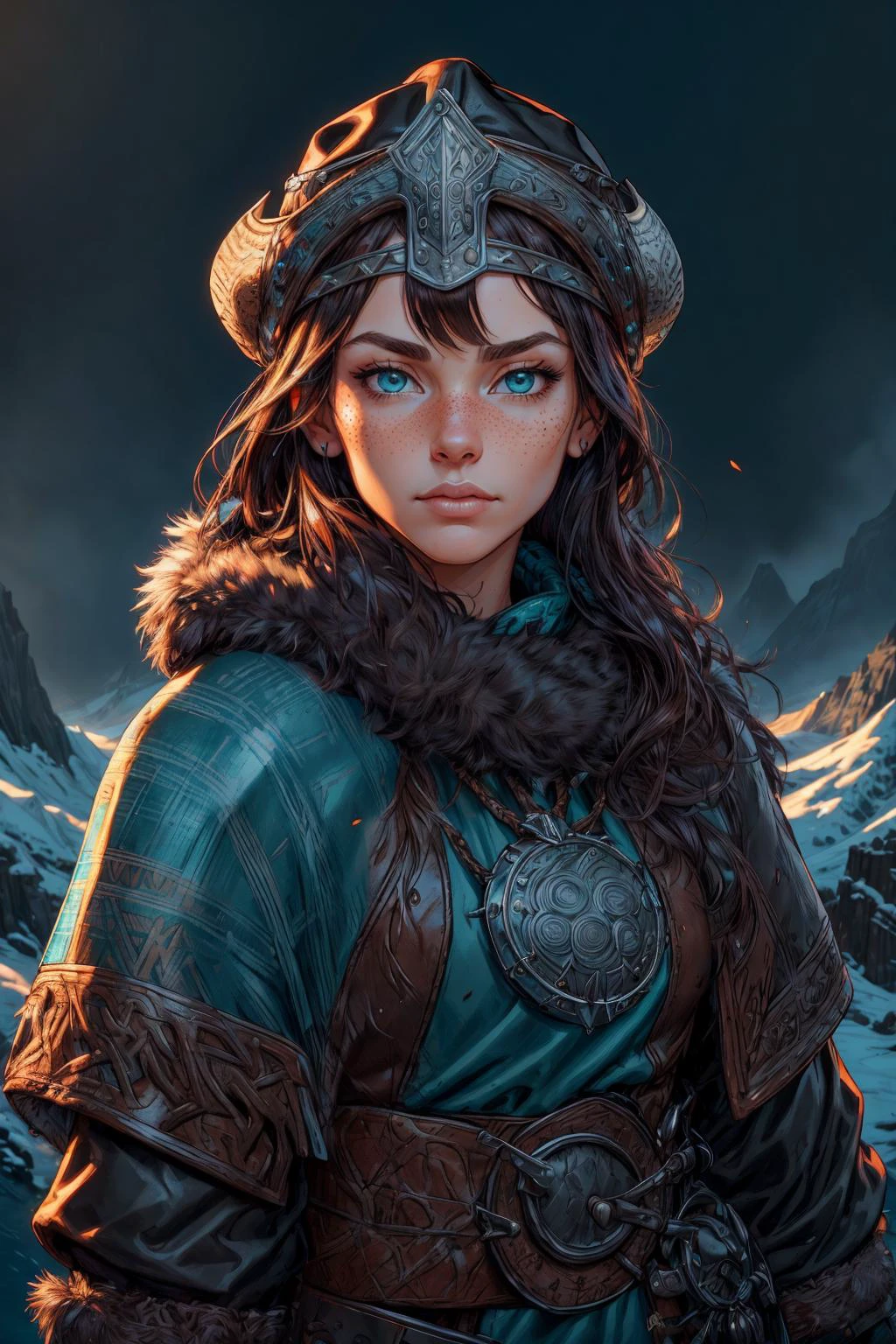 beautiful and detailed illustration, pop art, masterpiece, best quality, ultra-detailed, soft lighting, cinematic shot, vibrant colors, gorgeous colors, <lora:add_detail:0.3>, <lora:stylesqueeze_v2:0.5>,
1 girl, adult woman, freckles, teal eyes, dark brown lob hair,
portrait, solo, half shot, looking at viewer, detailed background, detailed face, (<lora:CulturePunkBundle-000007:0.6>, vikingpunkai, norse viking theme:1.1), trapper, tracker, stern countenance, black fur lined leather clothing, coat, gloves, survival instinct, trappers hat, scarf, walking, snare, satchel, hides, , medallion, frontier fort in background, cold climate, fallen leaves, fantasy frontier cinematic atmosphere,