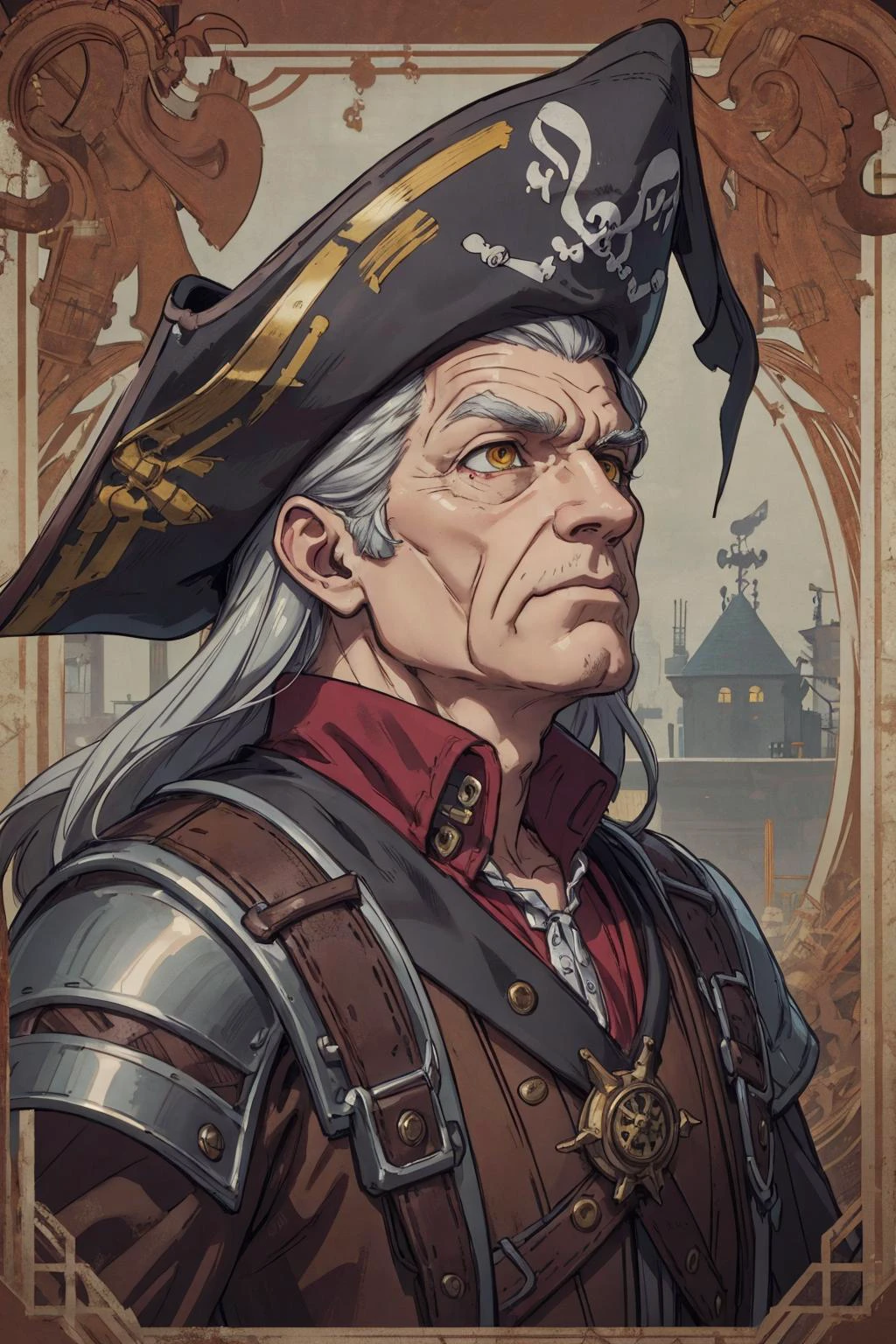 beautiful, linework, thick outlines, strong shadows, <lora:detail_slider_v4:1.0>,
(1man, wrinkled face, old male:1.2), yellow eyes, graying hair, long hair,
portrait, solo, (full body:0.6), looking up, detailed background, detailed face, (<lora:CulturePunkBundle-000007:0.3>, piratepunkai, pirate theme:1.1), guard, standing firm, stoic, rusty armor, emblem, turrets in background, medieval atmosphere,