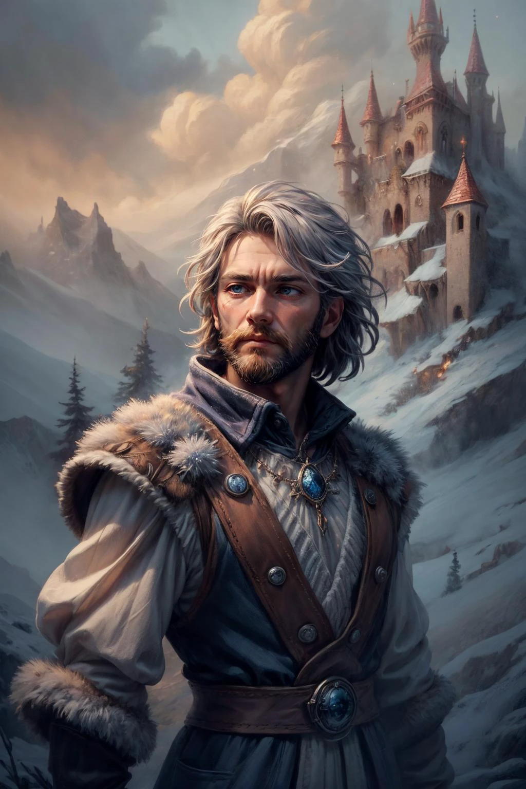 (masterpiece, best quality), aesthetic illustration, <lora:add_detail:1>, <lora:anime3d:0.75>, <lora:3DMM_V12:0.25>, 3DMM,
(1man, masculine adult male:1.2), grey eyes, brown hair, thick beard,
(style-swirlmagic:0.8), portrait, solo, (full body:0.6), looking away, detailed background, detailed face, (<lora:CulturePunkBundle-000007:0.5>, fairytaleai, fairytale theme:1.1), frost sorcerer, wearing frost-covered blue sorcerer vest, icy circlet, casting spell, mournful expression, eternal winter, manipulating frost, floating particles, frosty patterns, ethereal inscriptions, icy mountain peak in background, frosty mist , soft illumination, cold wind blowing, ethereal atmosphere,