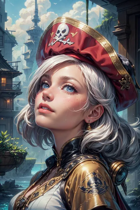 (Masterpiece:1.2), best quality, (illustration:1.2), (ultra-detailed), hyper details, (delicate detailed), (intricate details), clear line, high contrast, colorful, (Photoshop Pastel Painting), (Cinematic masterpiece), <lora:add_detail:1>, <lora:sharpen-soften:-0.25>, <lora:kittew_v0.1:0.3>,
(1man, wrinkled face, old male:1.2), frail, light blue eyes, white hair, temp fade,
(focus on character:1.1), portrait, solo, half shot, detailed background, detailed face, (<lora:CulturePunkBundle-000007:0.3>, piratepunkai, pirate theme:1.1), aristocratic pose, smiling, ruling class, elegant clothing, elegant hat, looking up at floating (cloud city:1.1), utopian cloudtop sky-city, floating platforms, floating buildings, tower, clouds in background, sky waterfall in background, epic atmosphere, glowing yellow lights,