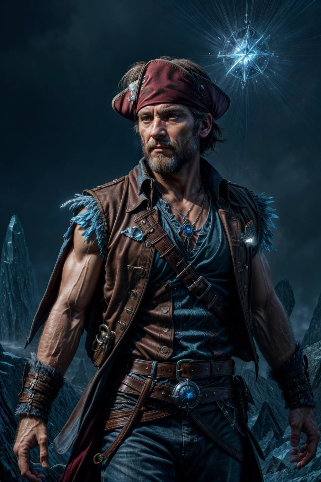 RAW photo, full sharp, (FullHD epic wallpaper) 8k uhd, dslr, soft lighting, high quality, film grain, Fujifilm XT3, <lora:more_details:0.75>, <lora:sharpen-soften:-0.4>,<lora:hipoly3DModelLora_v10:0.3> hiqcgbody,
(1man, wrinkled face, old portuguese male:1.2), wise, hazel eyes, gray hair, short hair,
Style-GravityMagic, portrait, solo, (full body:0.6), looking away, detailed background, detailed face, (<lora:CulturePunkBundle-000007:0.3>, piratepunkai, pirate theme:1.1), ice wizard, wearing blue sorcerer vest, frozen circlet, belt, magical sapphire pendant, dynamic pose, emanating frozen magic, ethereal runes, ice sculptures in background, cold mist , ethereal atmosphere,