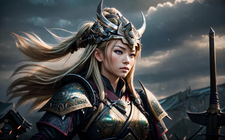 masterpiece, epic, majestic, best quality, very high resolution, 8k, hdr, digital photography, dynamic pose, photogenic 22 years old female Chepang battlemage, green eyes, (medium blonde hair, ombré hair:1.1), showing lamenting expression, solo, establishing shot, looking down, detailed background, detailed face, (<lora:CulturePunkBundle-000007:0.6>, vikingpunkai, norse viking theme:1.1), ronin, Honeydew samurai clothing, samurai helmet, dynamic pose, calm, samurai crest, bushido, banner in background, wind, cinematic atmosphere,, (iridescent:0.7), (transparent:0.8), (translucid:0.8), (reflection:0.6), (refraction:0.3), (diffraction:0.3), (caustics:0.3), volumetric lights, volumetric shadows, (subsurface scatering:0.4), physically based rendering, (intricate details:1.3), hyperdetailed, ultrarealistic, (sharp focus:1.2) <lora:hyperdenoiser_v090:1.5> <lora:add_detail:1.5>